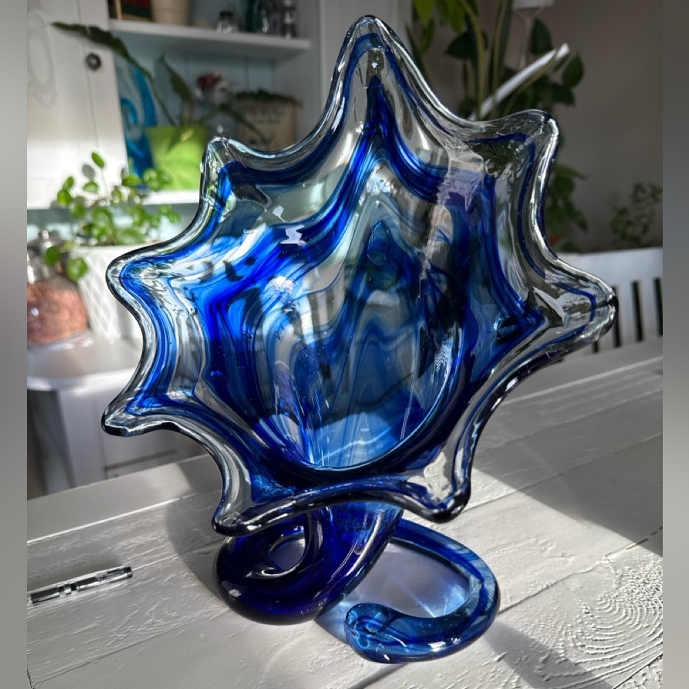 Vintage 60s Chalet Glass Canada Cobalt Blue Art Glass Bowl Freeform Leaf Design